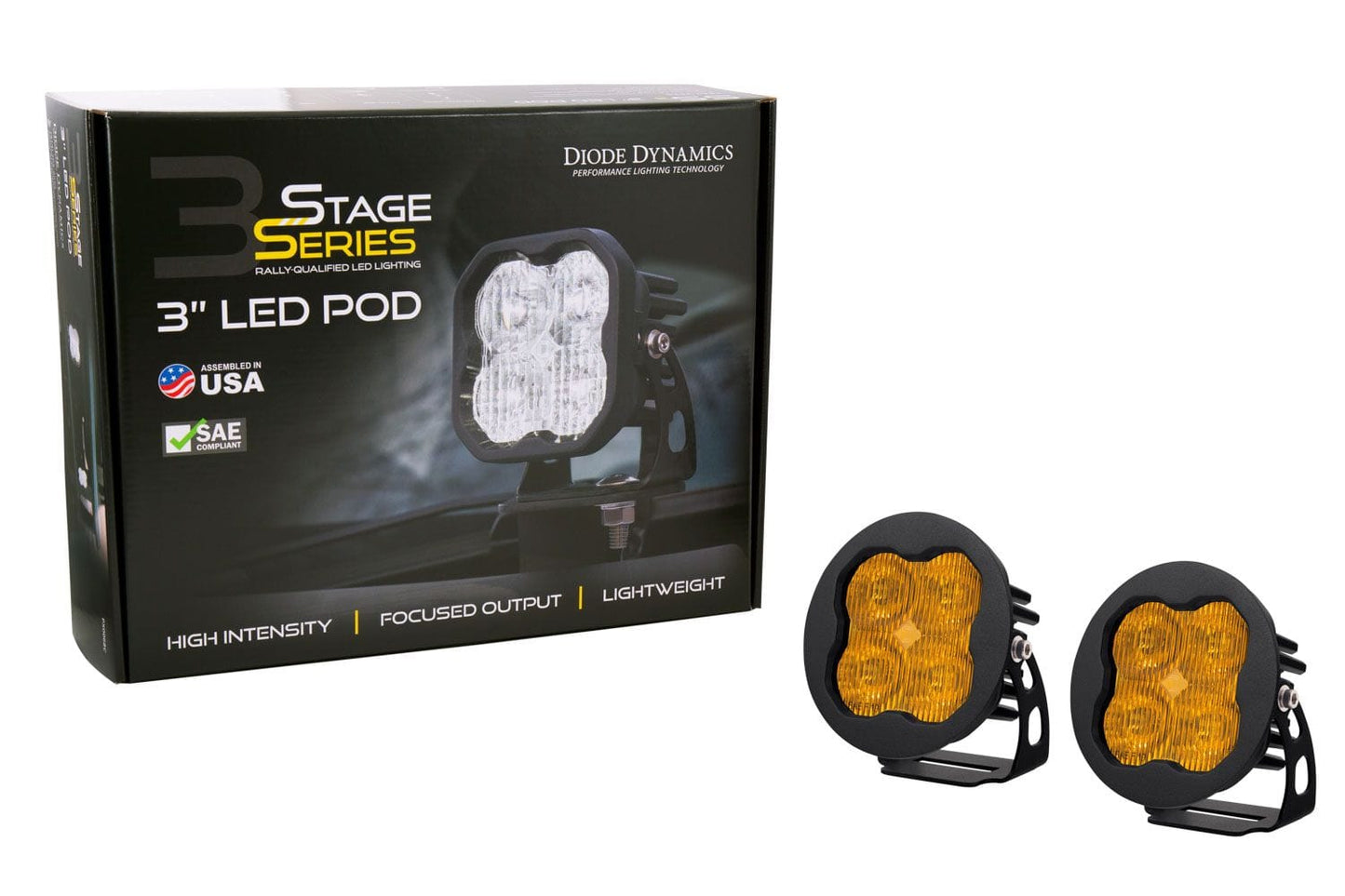 Diode Dynamics SAE Fog / None Stage Series 3" SAE Yellow Max Round LED Pod (Pair)