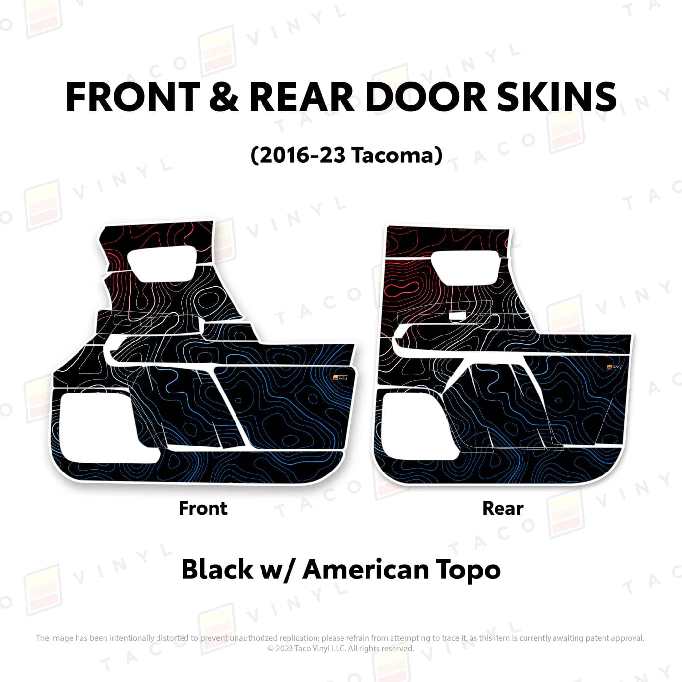 TacomaForce Front and Rear / Black w/ American Scheme Topo 2016-2023 3rd Gen Tacoma Door Skins – Ultimate Protection & Style