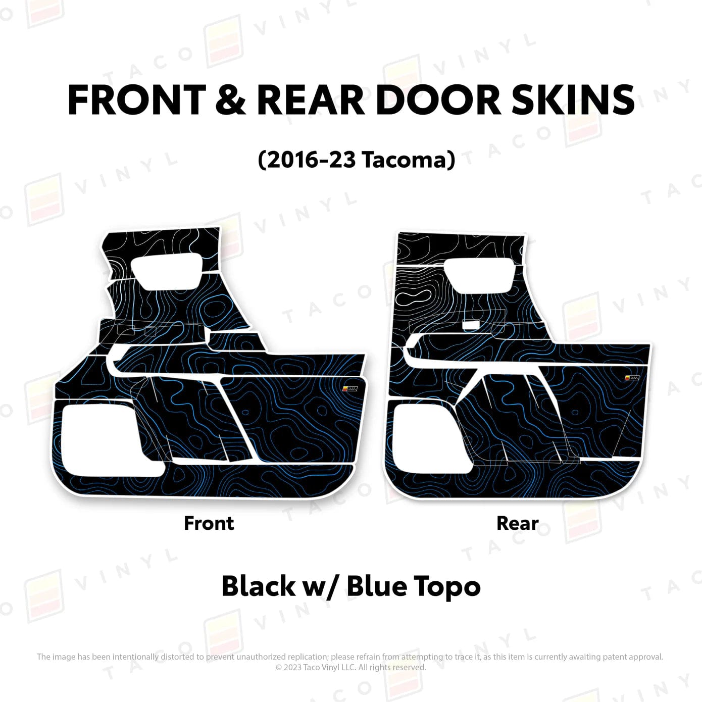 TacomaForce Front and Rear / Black w/ Blue Scheme Topo 2016-2023 3rd Gen Tacoma Door Skins – Ultimate Protection & Style