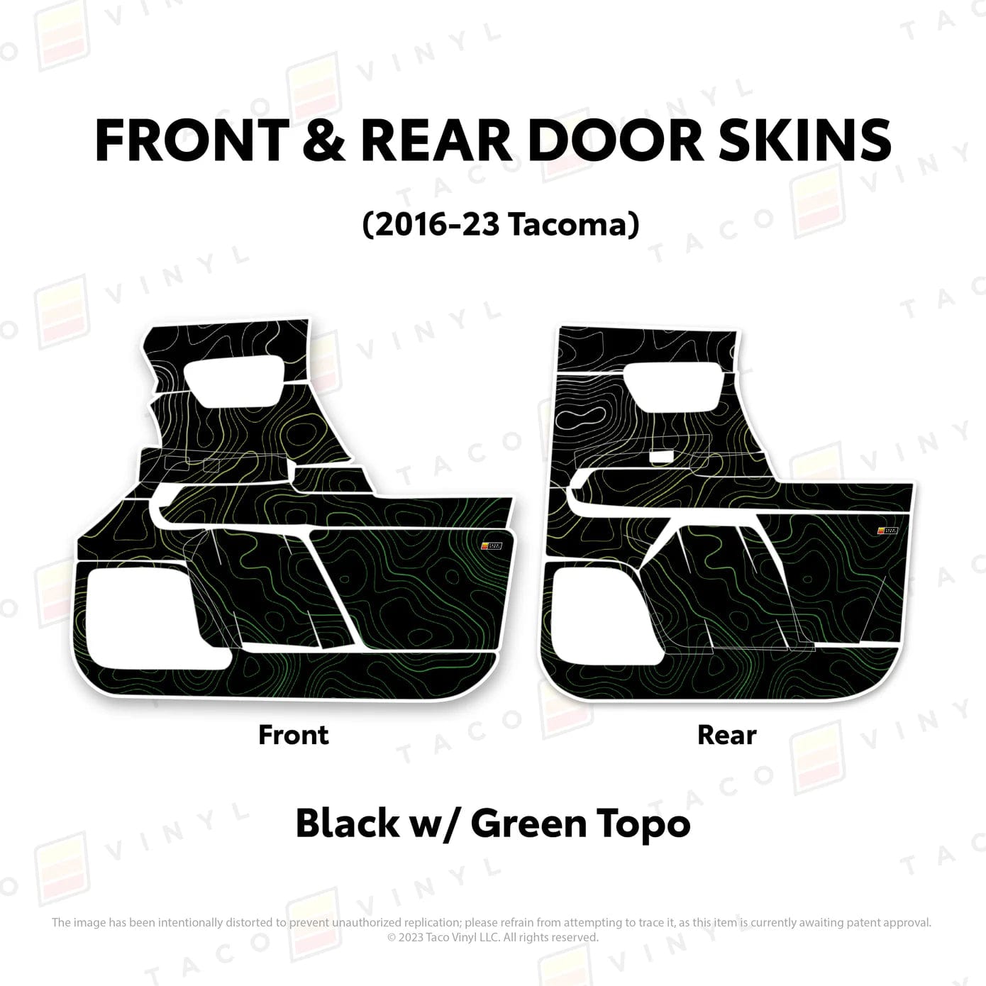 TacomaForce Front and Rear / Black w/ Green Scheme Topo 2016-2023 3rd Gen Tacoma Door Skins – Ultimate Protection & Style