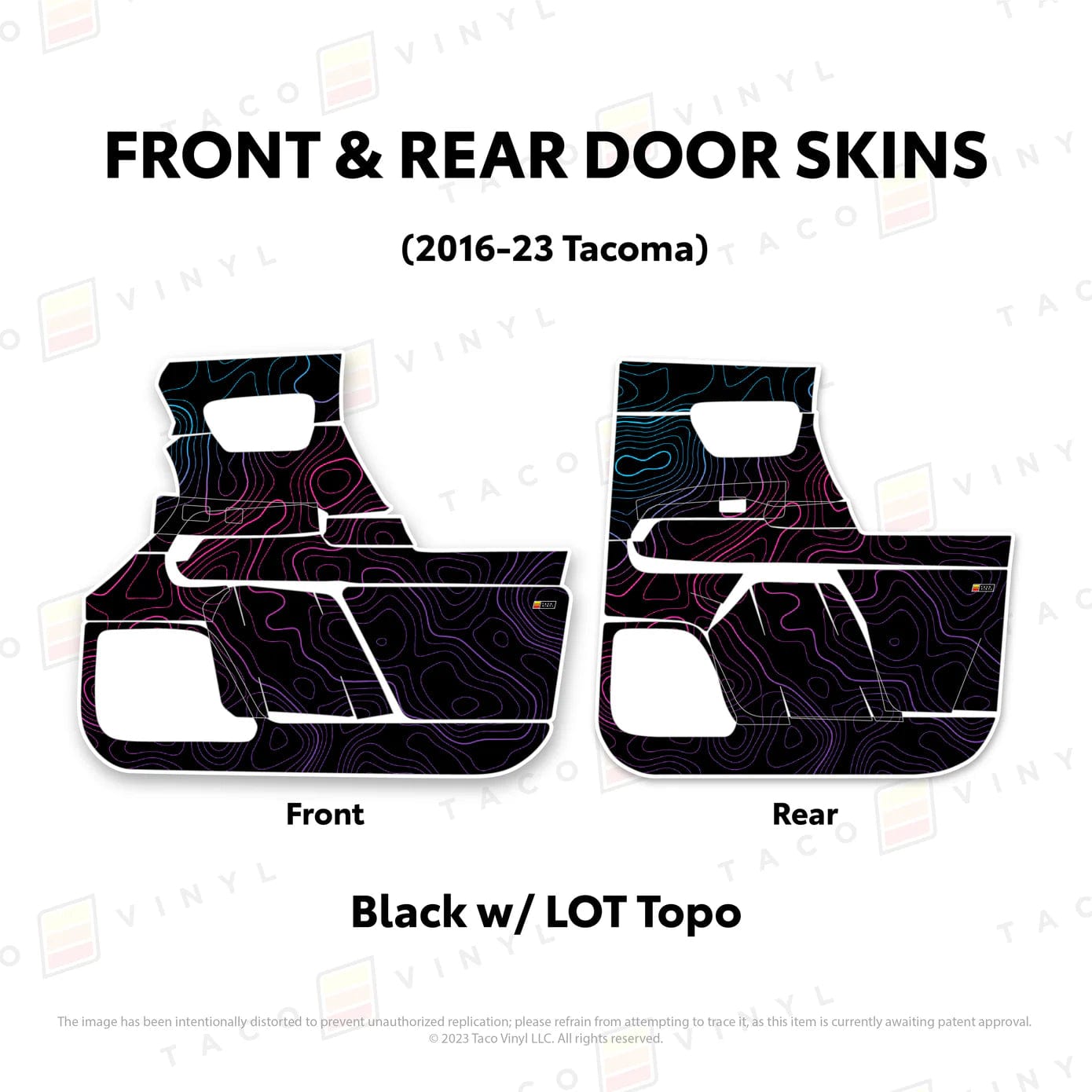 TacomaForce Front and Rear / Black w/ LOT Scheme Topo 2016-2023 3rd Gen Tacoma Door Skins – Ultimate Protection & Style