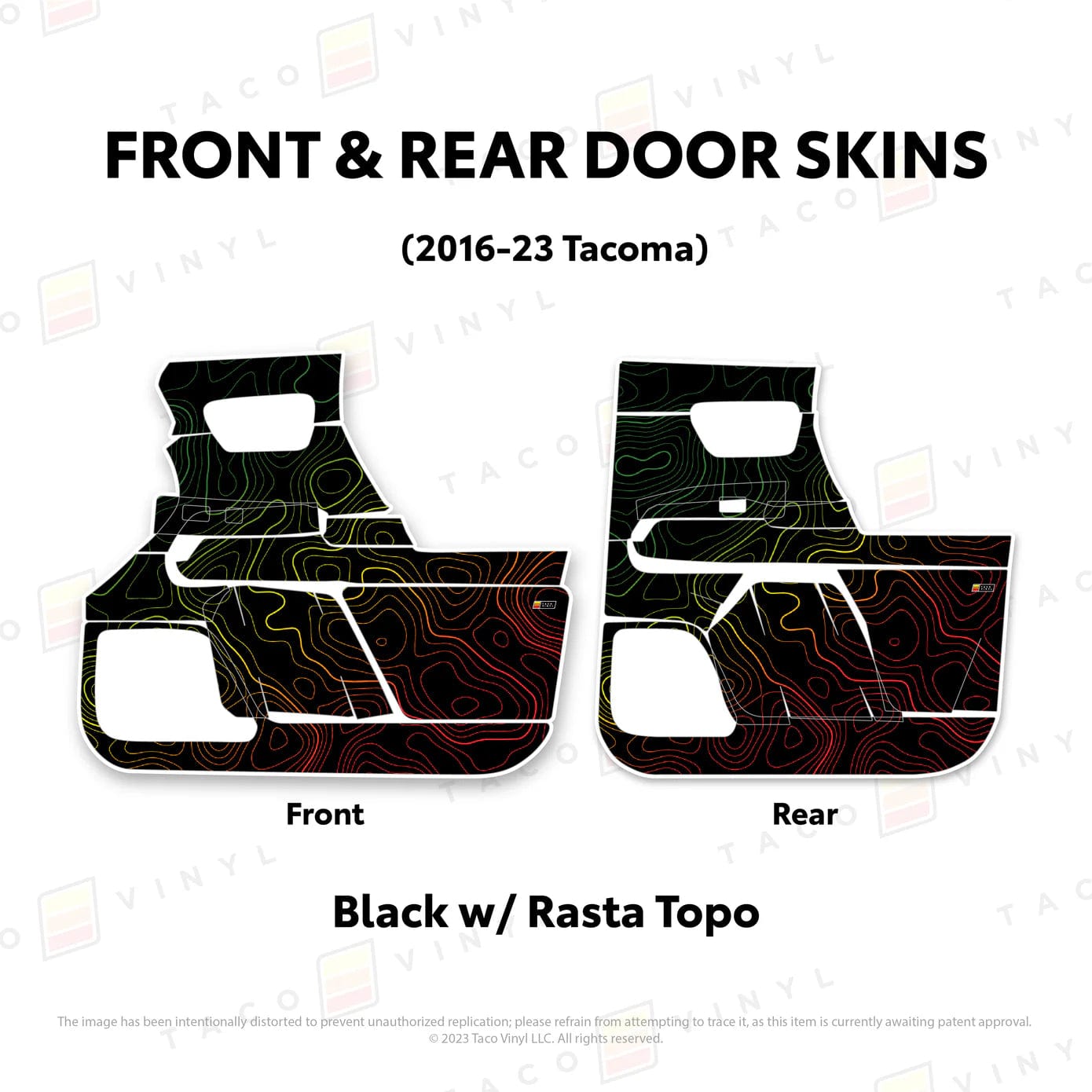 TacomaForce Front and Rear / Black w/ Rasta Scheme Topo 2016-2023 3rd Gen Tacoma Door Skins – Ultimate Protection & Style