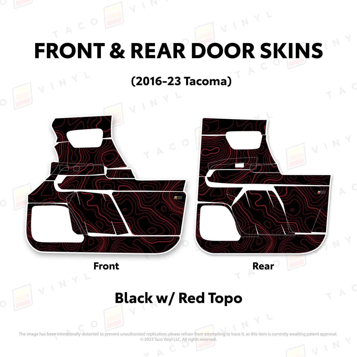 TacomaForce Front and Rear / Black w/ Red Topo 2016-2023 3rd Gen Tacoma Door Skins – Ultimate Protection & Style