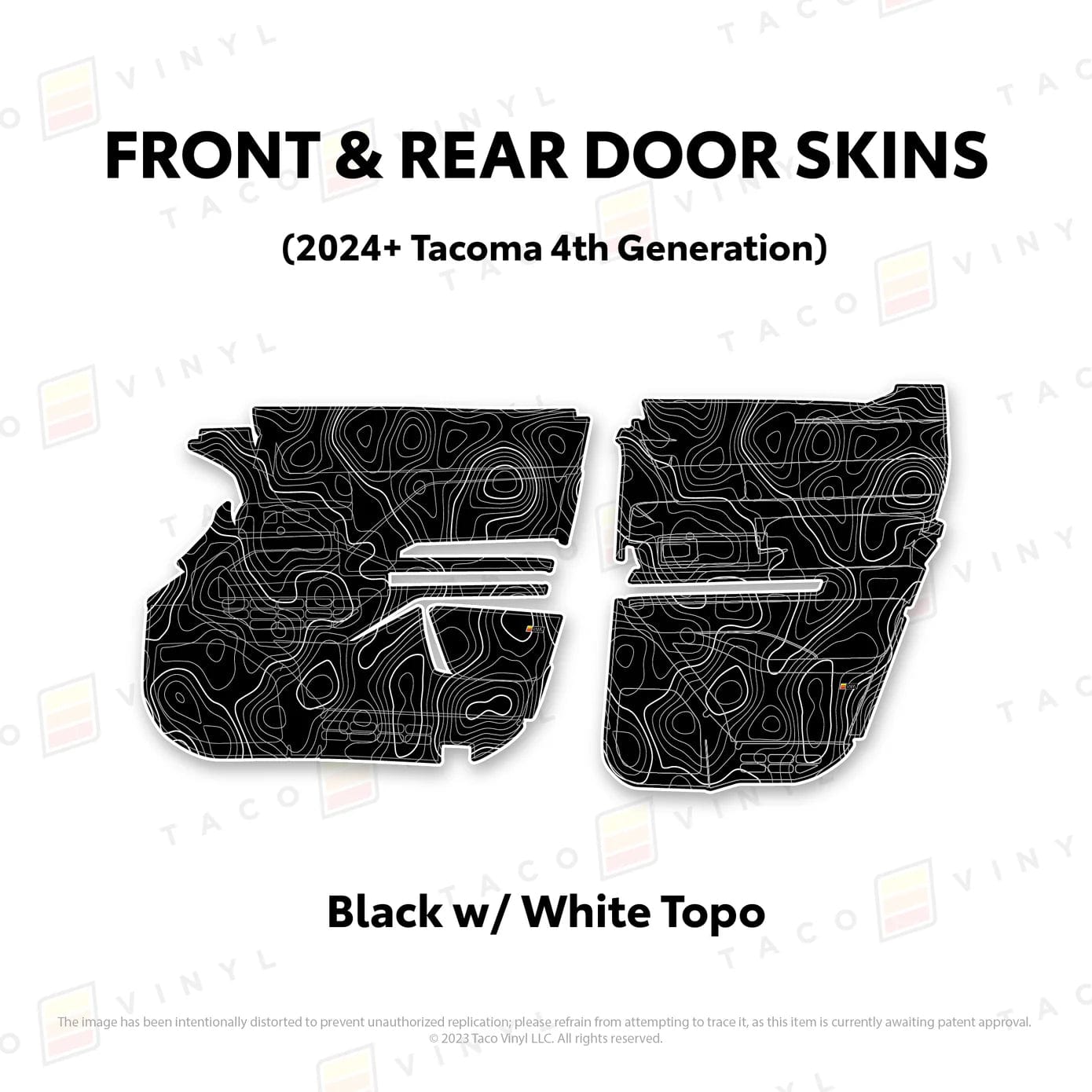 TacomaForce Front and Rear / Black w/ White Topo 4th Gen Tacoma Door Skins