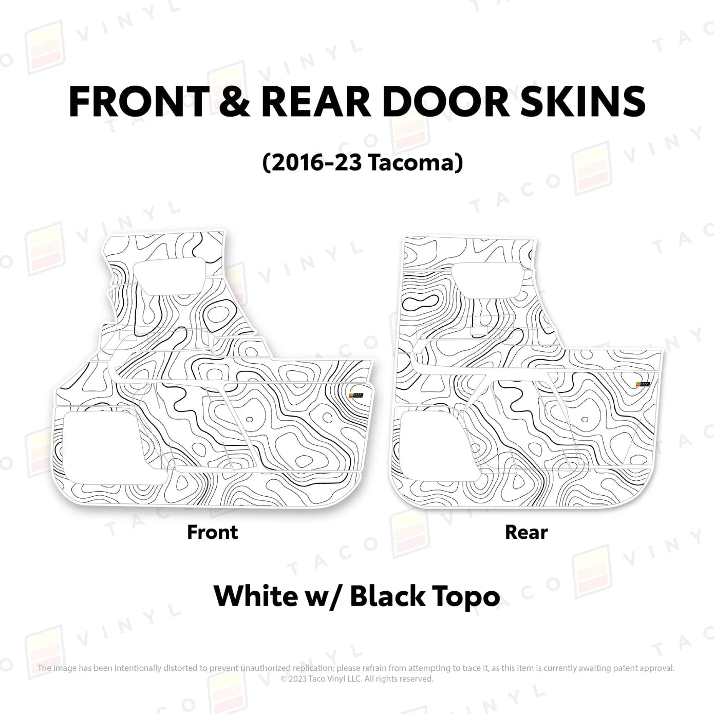 TacomaForce Front and Rear / White w/ Black topo 2016-2023 3rd Gen Tacoma Door Skins – Ultimate Protection & Style