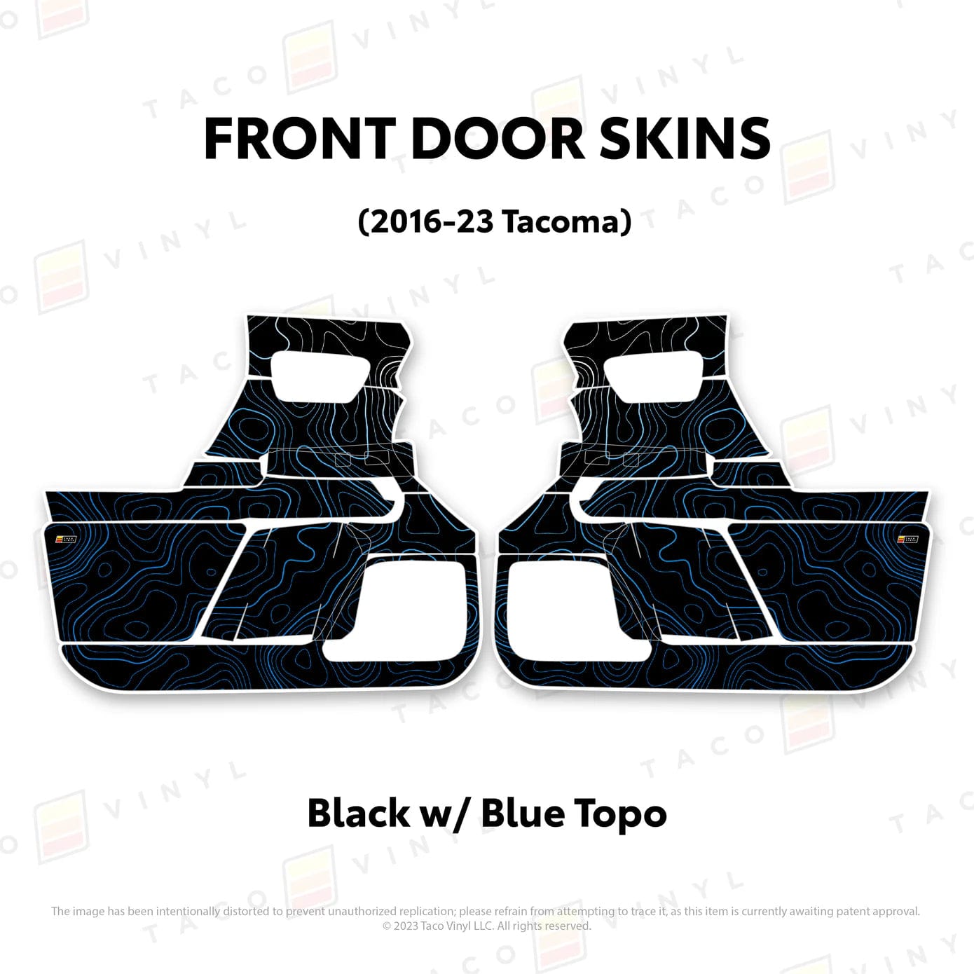 TacomaForce Front Driver/ Passenger / Black w/ Blue Scheme Topo 2016-2023 3rd Gen Tacoma Door Skins – Ultimate Protection & Style