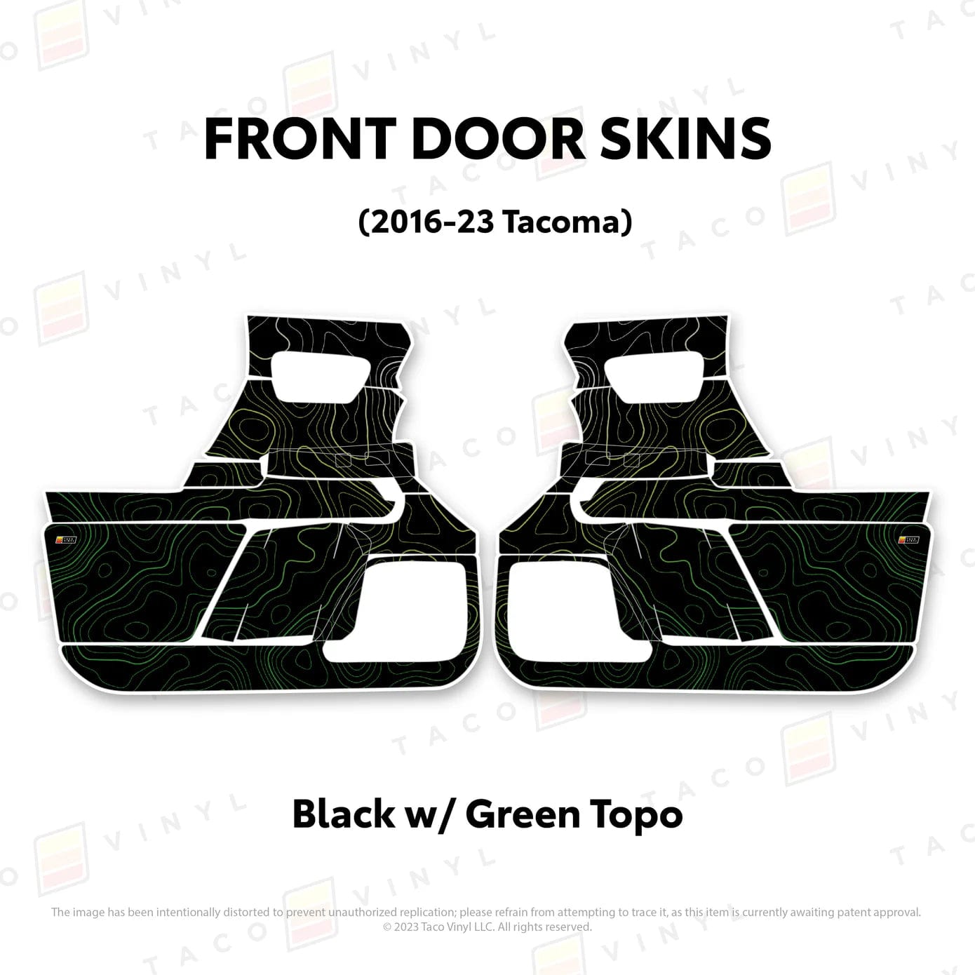 TacomaForce Front Driver/ Passenger / Black w/ Green Scheme Topo 2016-2023 3rd Gen Tacoma Door Skins – Ultimate Protection & Style