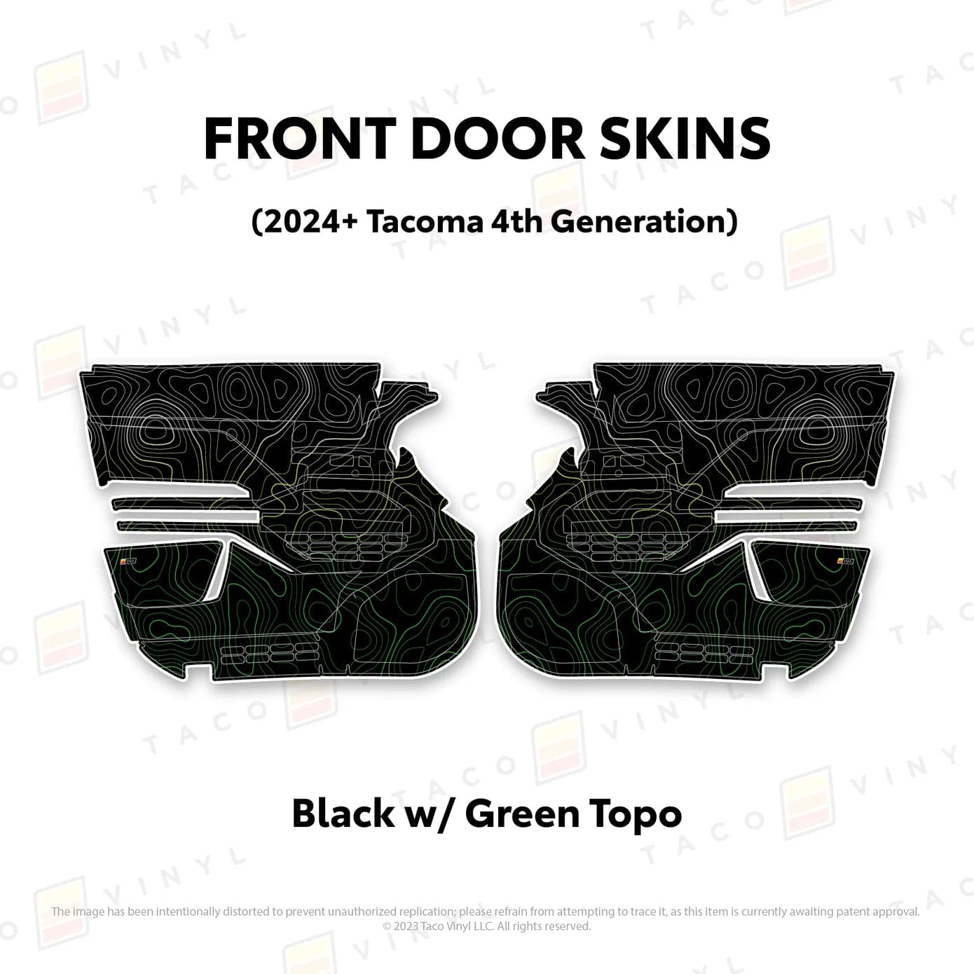 TacomaForce Front Driver/ Passenger / Black w/ Green Scheme Topo 4th Gen Tacoma Door Skins