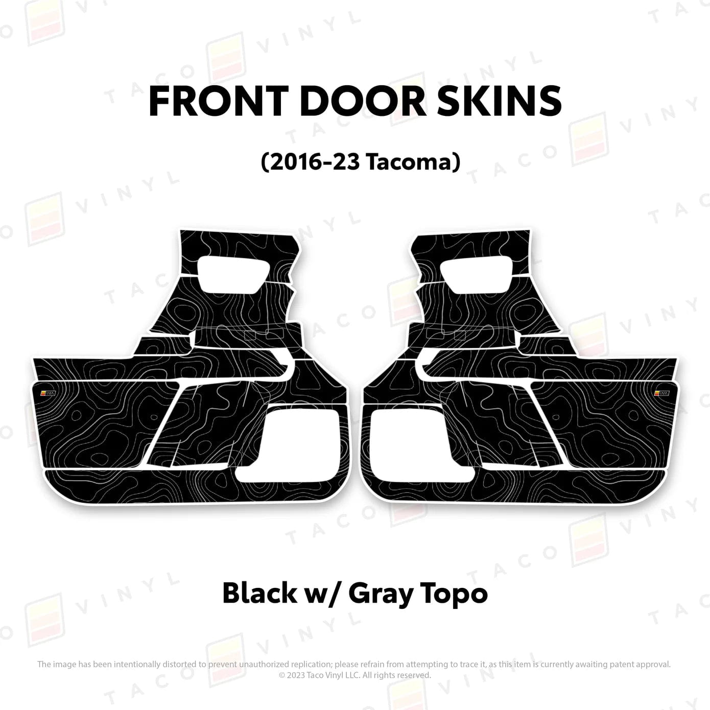 TacomaForce Front Driver/ Passenger / Black w/ grey Scheme Topo 2016-2023 3rd Gen Tacoma Door Skins – Ultimate Protection & Style