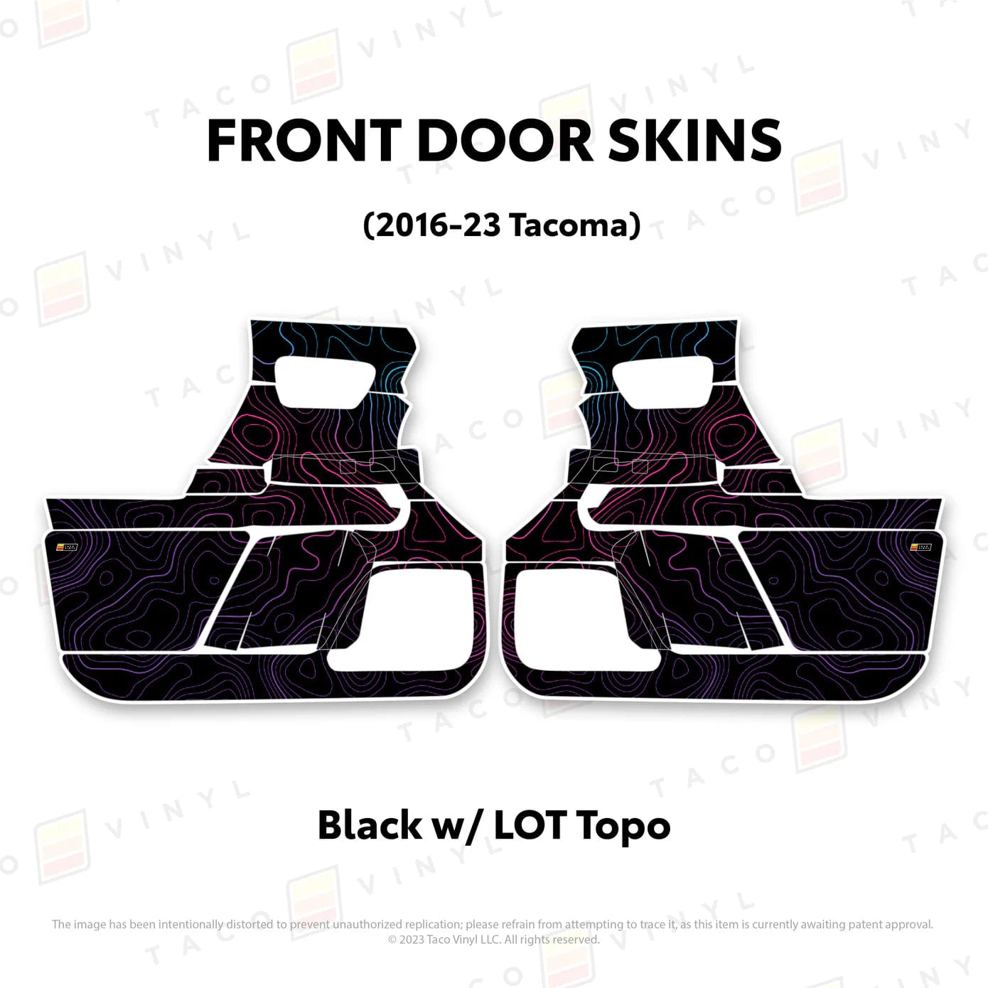 TacomaForce Front Driver/ Passenger / Black w/ LOT Scheme Topo 2016-2023 3rd Gen Tacoma Door Skins – Ultimate Protection & Style