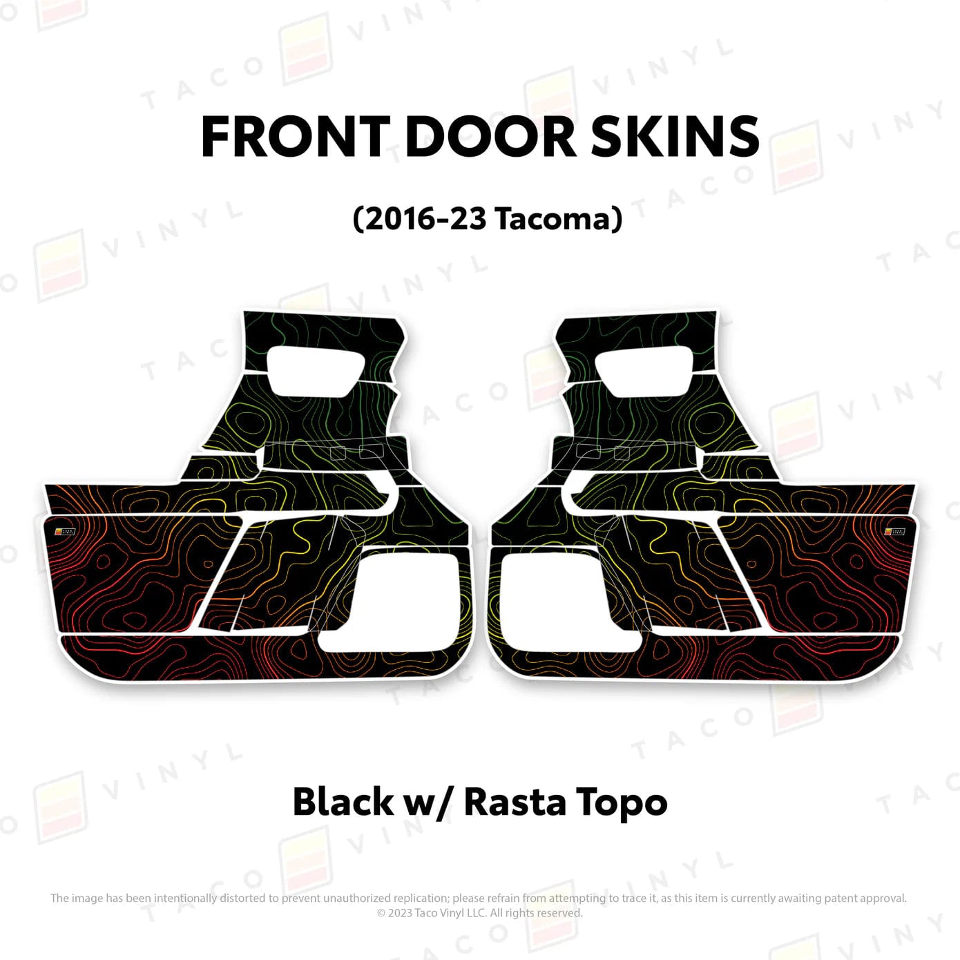 TacomaForce Front Driver/ Passenger / Black w/ Rasta Scheme Topo 2016-2023 3rd Gen Tacoma Door Skins – Ultimate Protection & Style