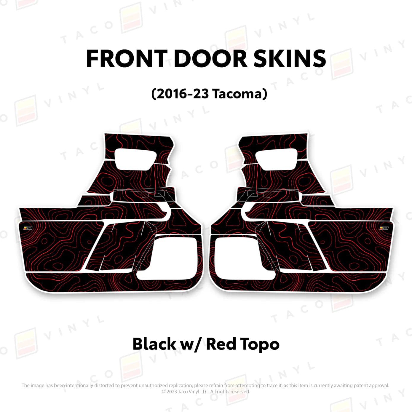 TacomaForce Front Driver/ Passenger / Black w/ Red Topo 2016-2023 3rd Gen Tacoma Door Skins – Ultimate Protection & Style