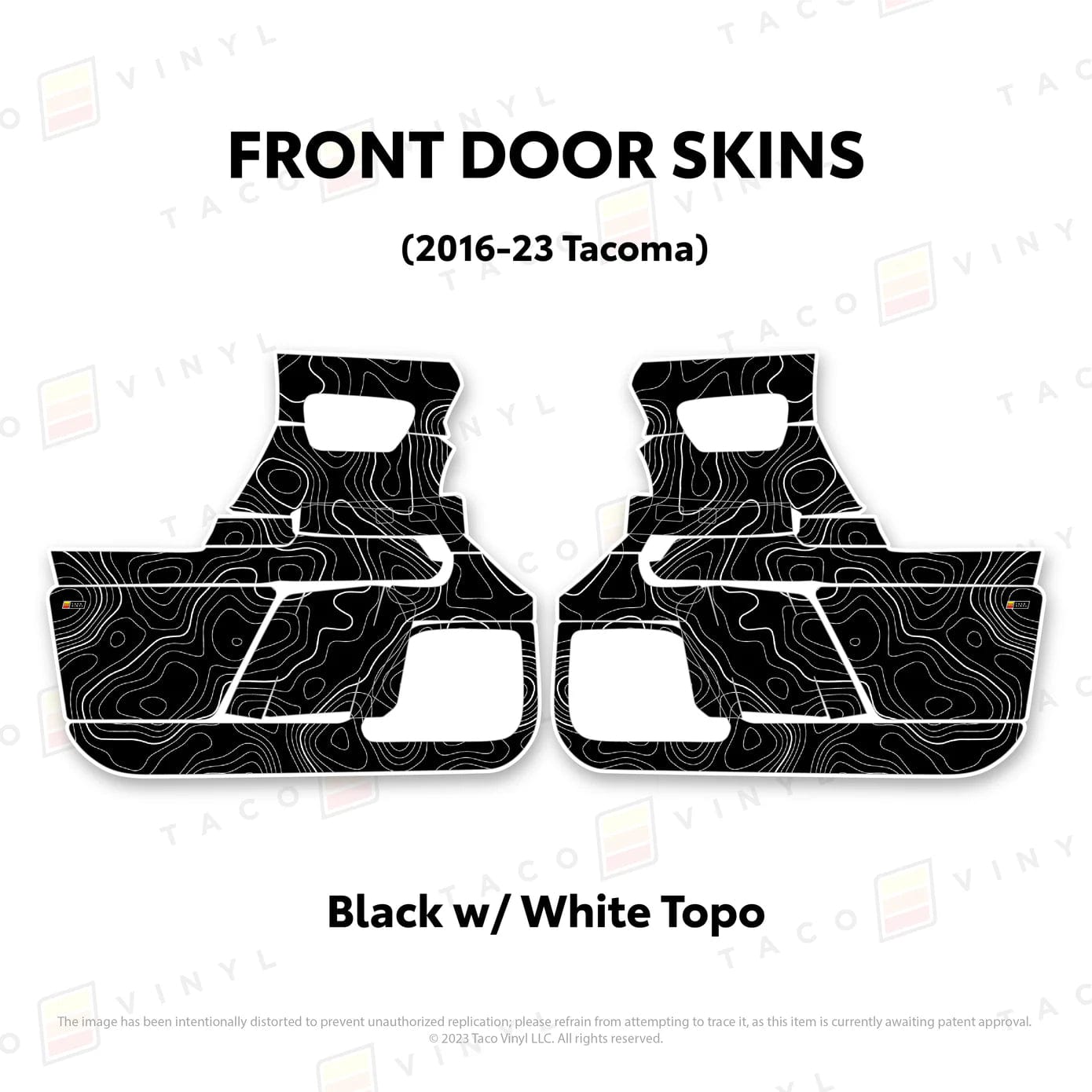 TacomaForce Front Driver/ Passenger / Black w/ White Topo 2016-2023 3rd Gen Tacoma Door Skins – Ultimate Protection & Style