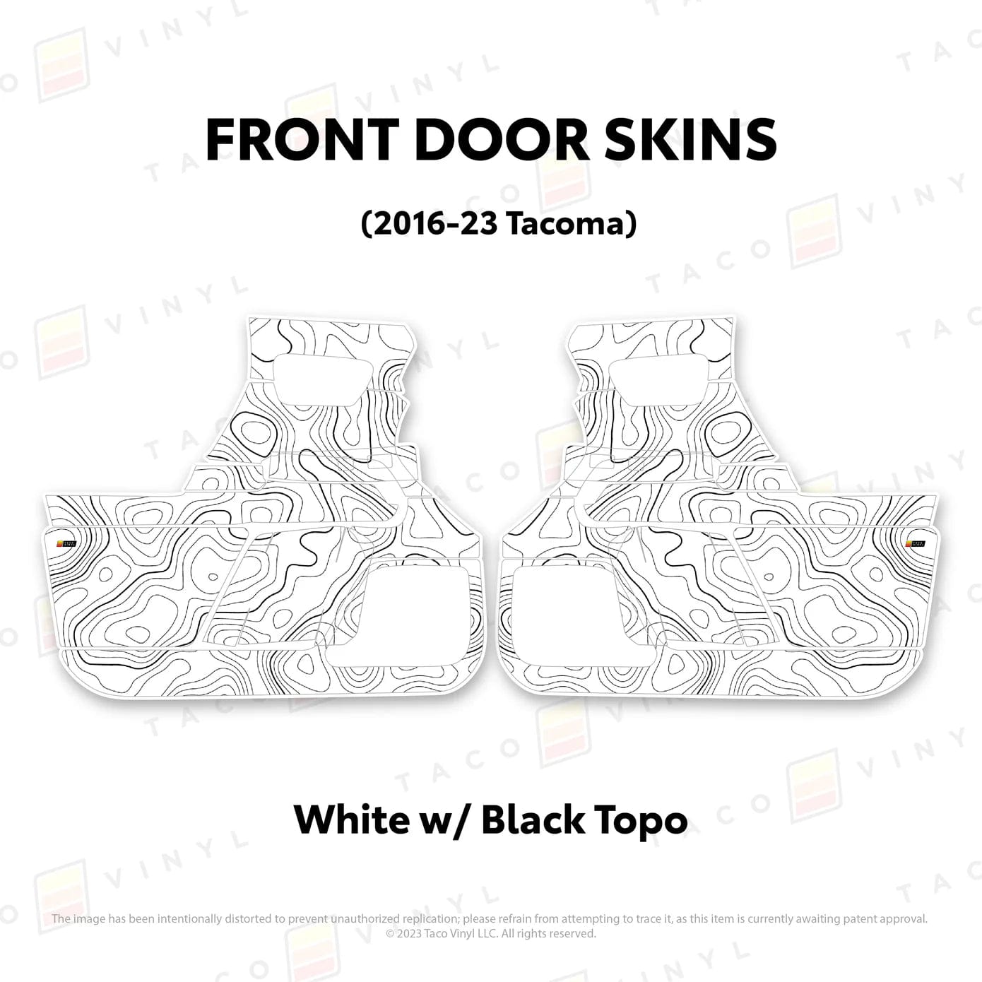 TacomaForce Front Driver/ Passenger / White w/ Black topo 2016-2023 3rd Gen Tacoma Door Skins – Ultimate Protection & Style