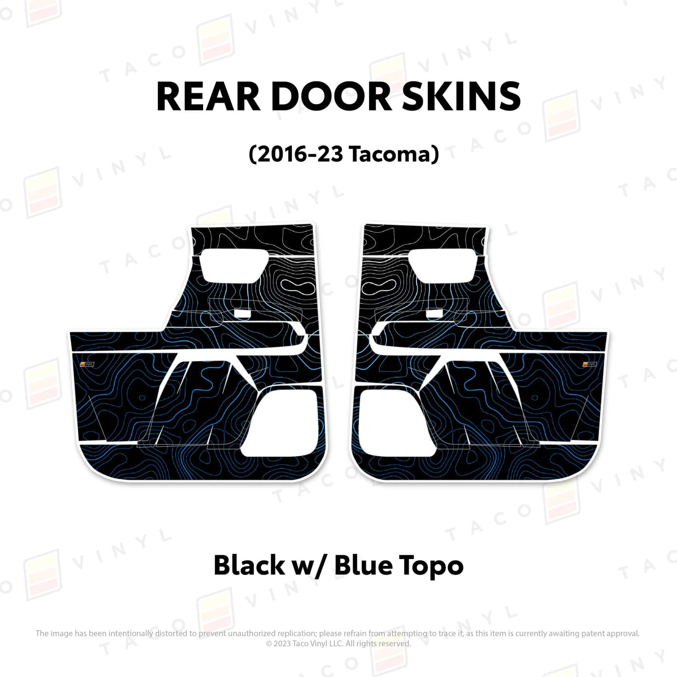 TacomaForce Rear Driver/ Passenger / Black w/ Blue Scheme Topo 2016-2023 3rd Gen Tacoma Door Skins – Ultimate Protection & Style