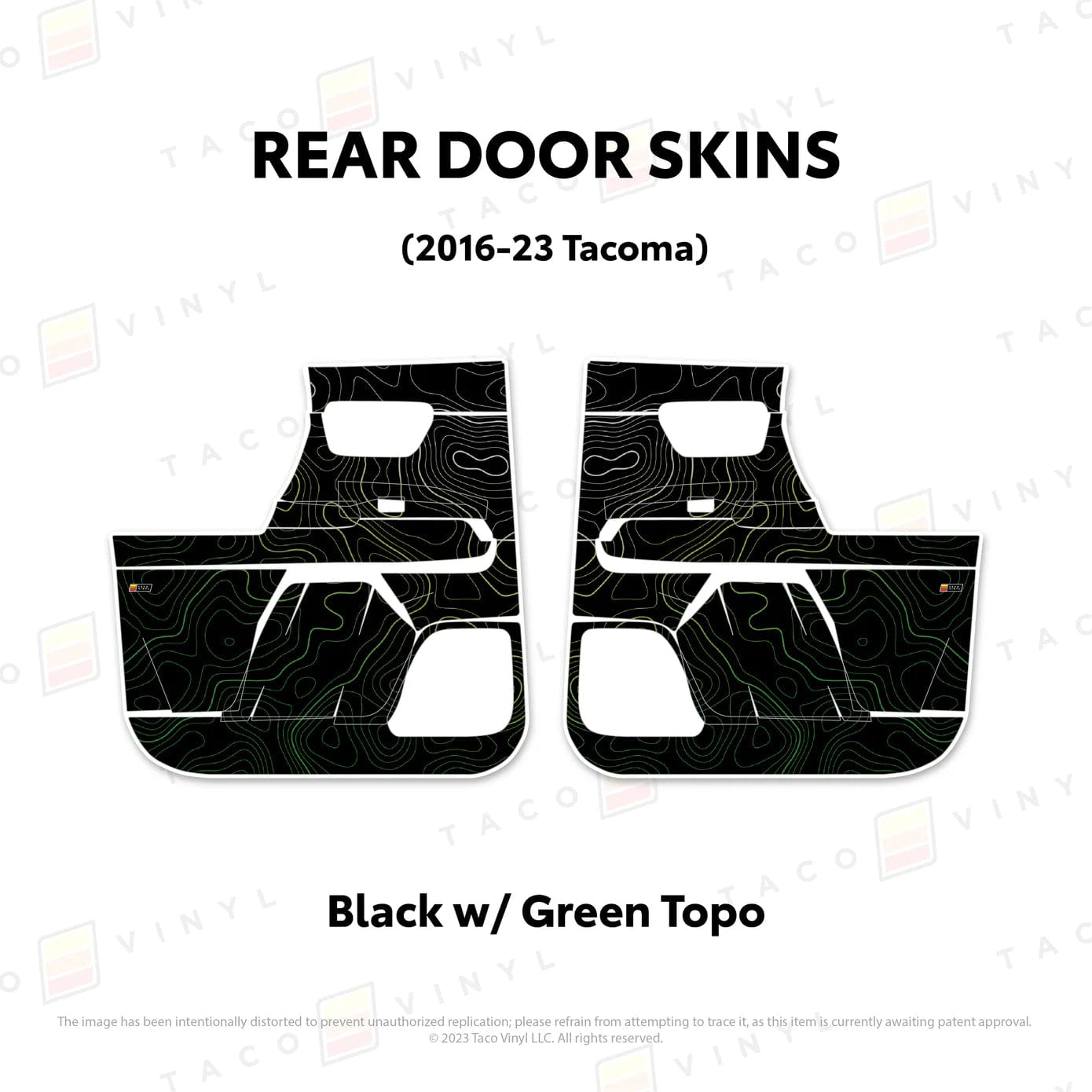 TacomaForce Rear Driver/ Passenger / Black w/ Green Scheme Topo 2016-2023 3rd Gen Tacoma Door Skins – Ultimate Protection & Style