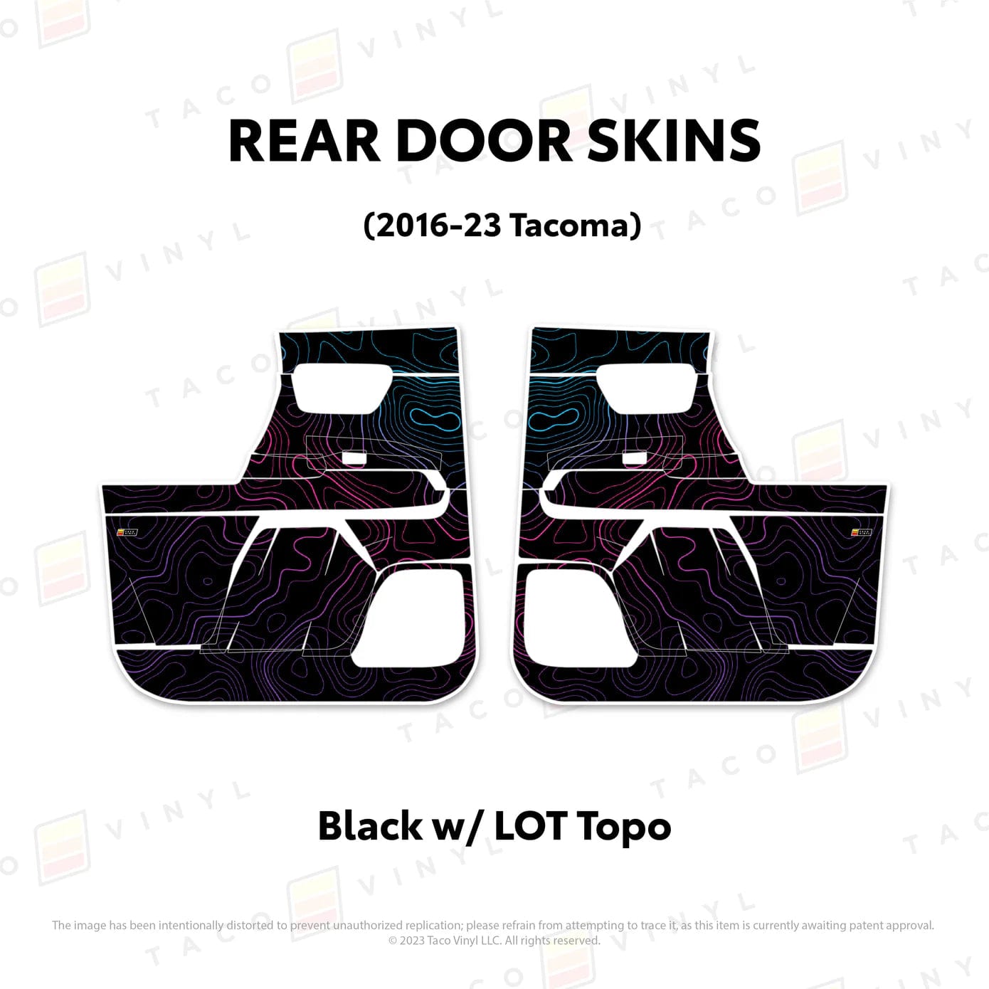 TacomaForce Rear Driver/ Passenger / Black w/ LOT Scheme Topo 2016-2023 3rd Gen Tacoma Door Skins – Ultimate Protection & Style