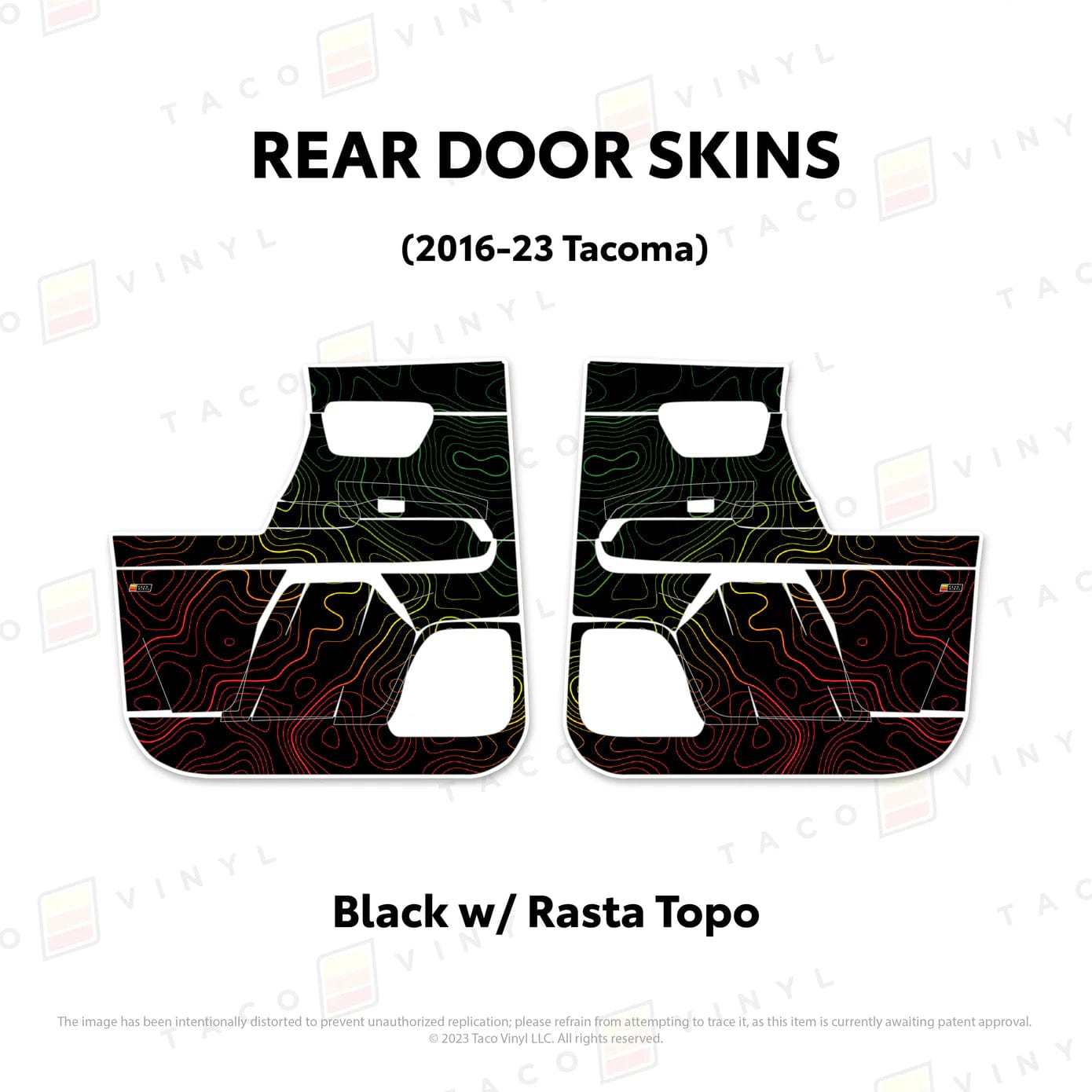 TacomaForce Rear Driver/ Passenger / Black w/ Rasta Scheme Topo 2016-2023 3rd Gen Tacoma Door Skins – Ultimate Protection & Style