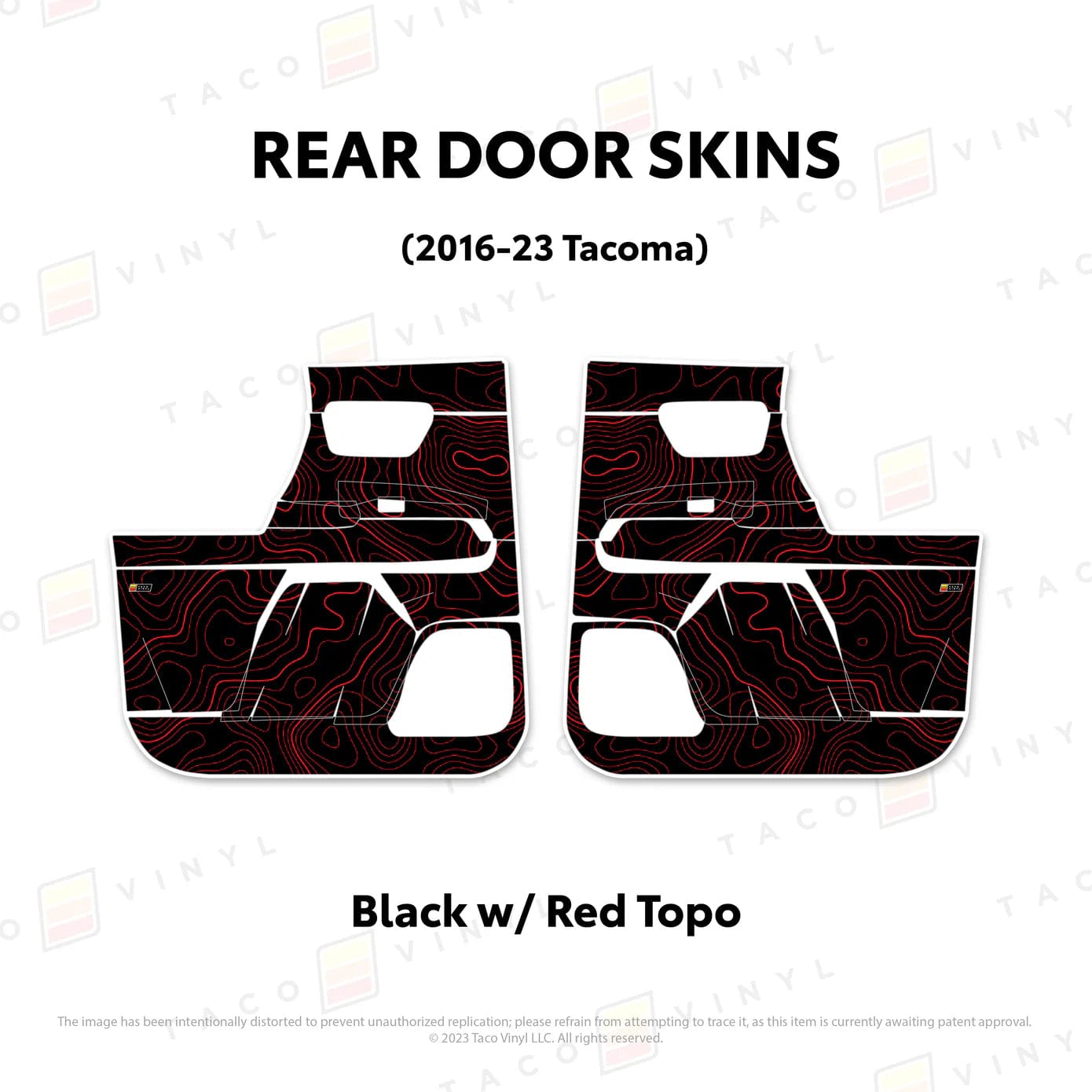 TacomaForce Rear Driver/ Passenger / Black w/ Red Topo 2016-2023 3rd Gen Tacoma Door Skins – Ultimate Protection & Style