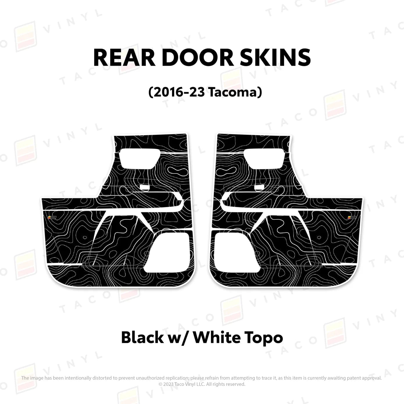 TacomaForce Rear Driver/ Passenger / Black w/ White Topo 2016-2023 3rd Gen Tacoma Door Skins – Ultimate Protection & Style